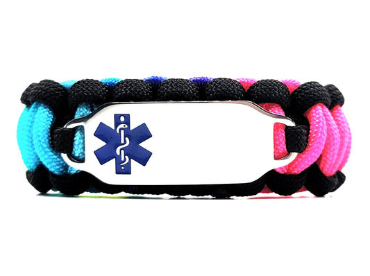 Colorful paracord medical alert bracelet with a silver colored, stainless steel ID tag with an enameled blue medical symbol, displayed on a white background.