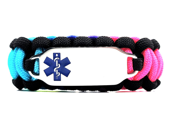 550 Paracord Bracelet with Engraved Stainless Steel Medical Alert ID Tag - Blue Medium Rectangle