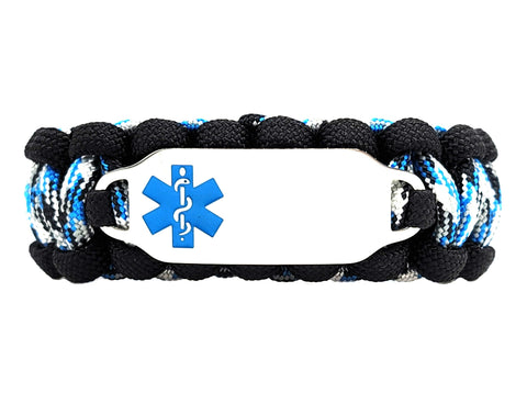 550 Paracord Bracelet with Engraved Stainless Steel Medical Alert ID Tag - Ocean Blue Medium Rectangle