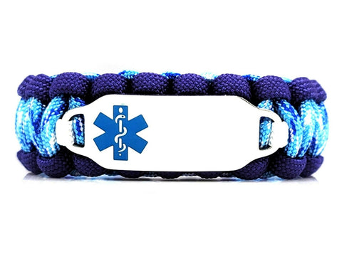 550 Paracord Bracelet with Engraved Stainless Steel Medical Alert ID Tag - Ocean Blue Medium Rectangle