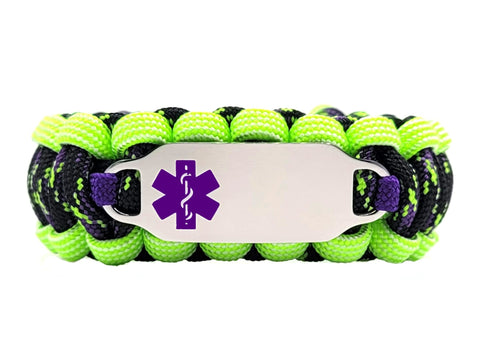 550 Paracord Bracelet with Engraved Stainless Steel Medical Alert ID Tag - Purple Medium Rectangle