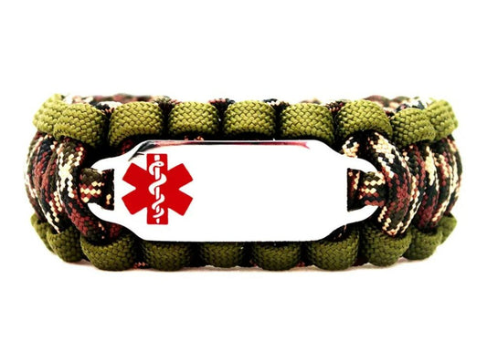 OD green and camo paracord medical alert bracelet with a silver colored, stainless steel ID tag with an enameled red medical symbol, displayed on a white background.