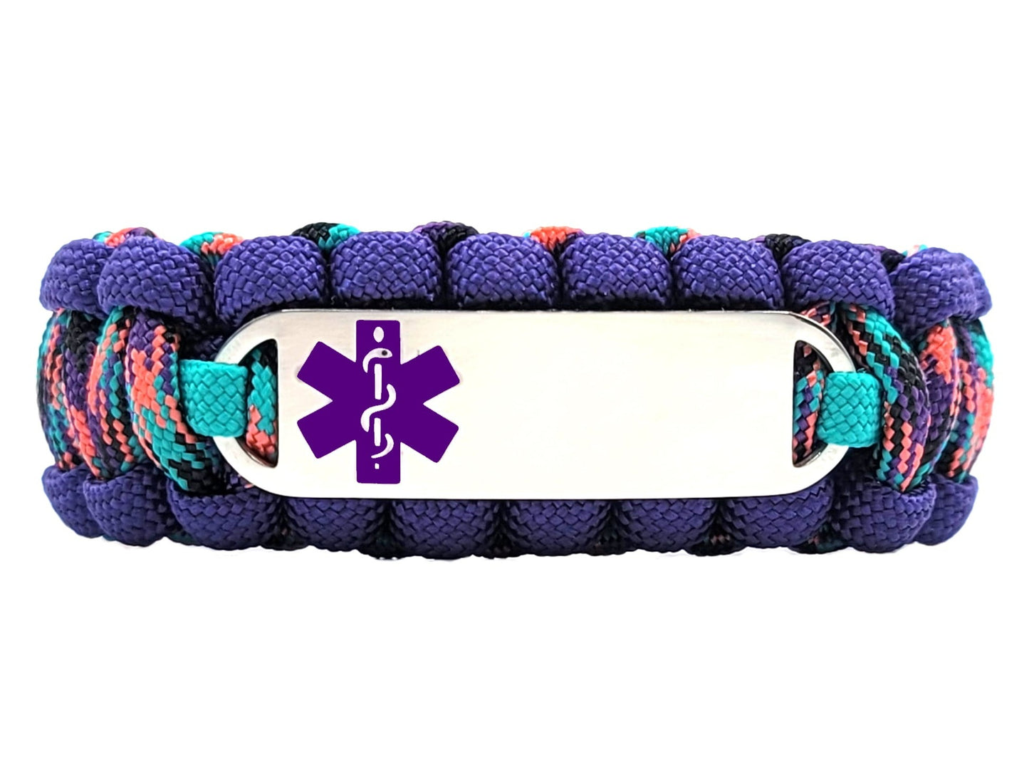 Teal, Pink, Purple, and black paracord medical alert bracelet with a silver colored, stainless steel ID tag with an enameled purple medical symbol, displayed on a white background.