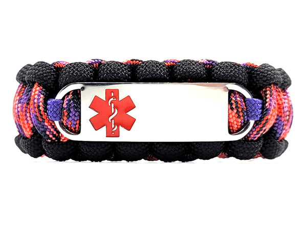 550 Paracord Bracelet with Engraved Stainless Steel Medical Alert ID Tag - Red Small Rectangle