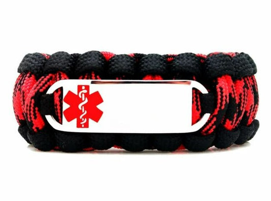 Black and red paracord medical alert bracelet with a silver colored, stainless steel ID tag with an enameled red medical symbol, displayed on a white background.