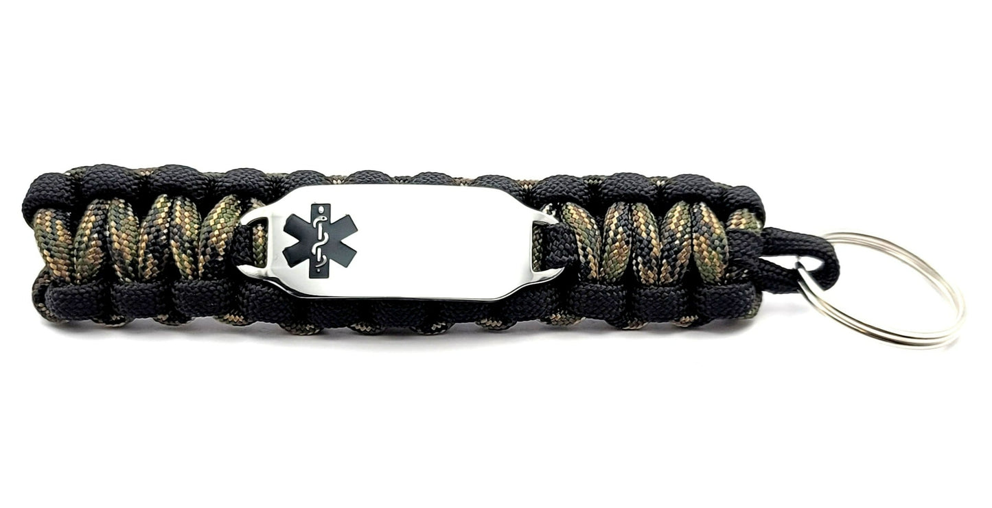 Medical ID 550 Paracord Key Chain with Custom Engraved Stainless Steel ID Tag - Black Medium Rectangle