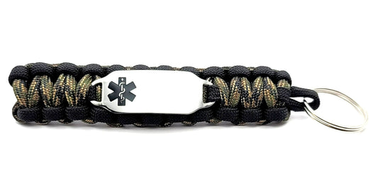Medical ID 550 Paracord Key Chain with Custom Engraved Stainless Steel ID Tag - Black Medium Rectangle
