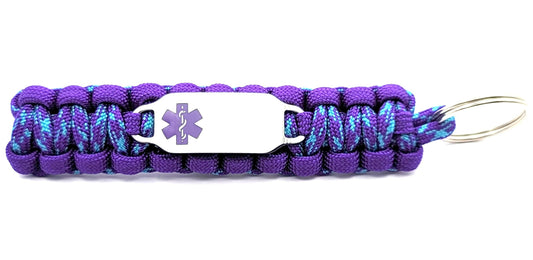 Medical ID 550 Paracord Key Chain with Custom Engraved Stainless Steel ID Tag - Purple Medium Rectangle