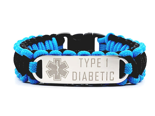 Black & Blue thin 275 paracord ID bracelet with a silver, stainless steel ID tag engraved with medical information and a medical symbol, displayed on white background.