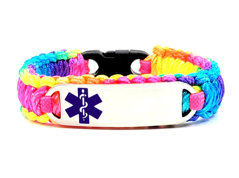 Rainbow Satin Cord Medical ID Bracelet for Girls & Women