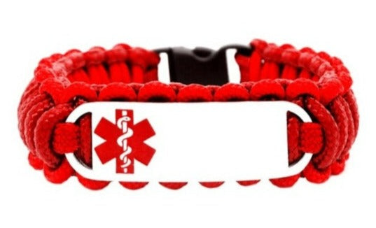 275 Paracord Bracelet with Engraved Stainless Steel Medical Alert ID Tag - Red Small Rectangle